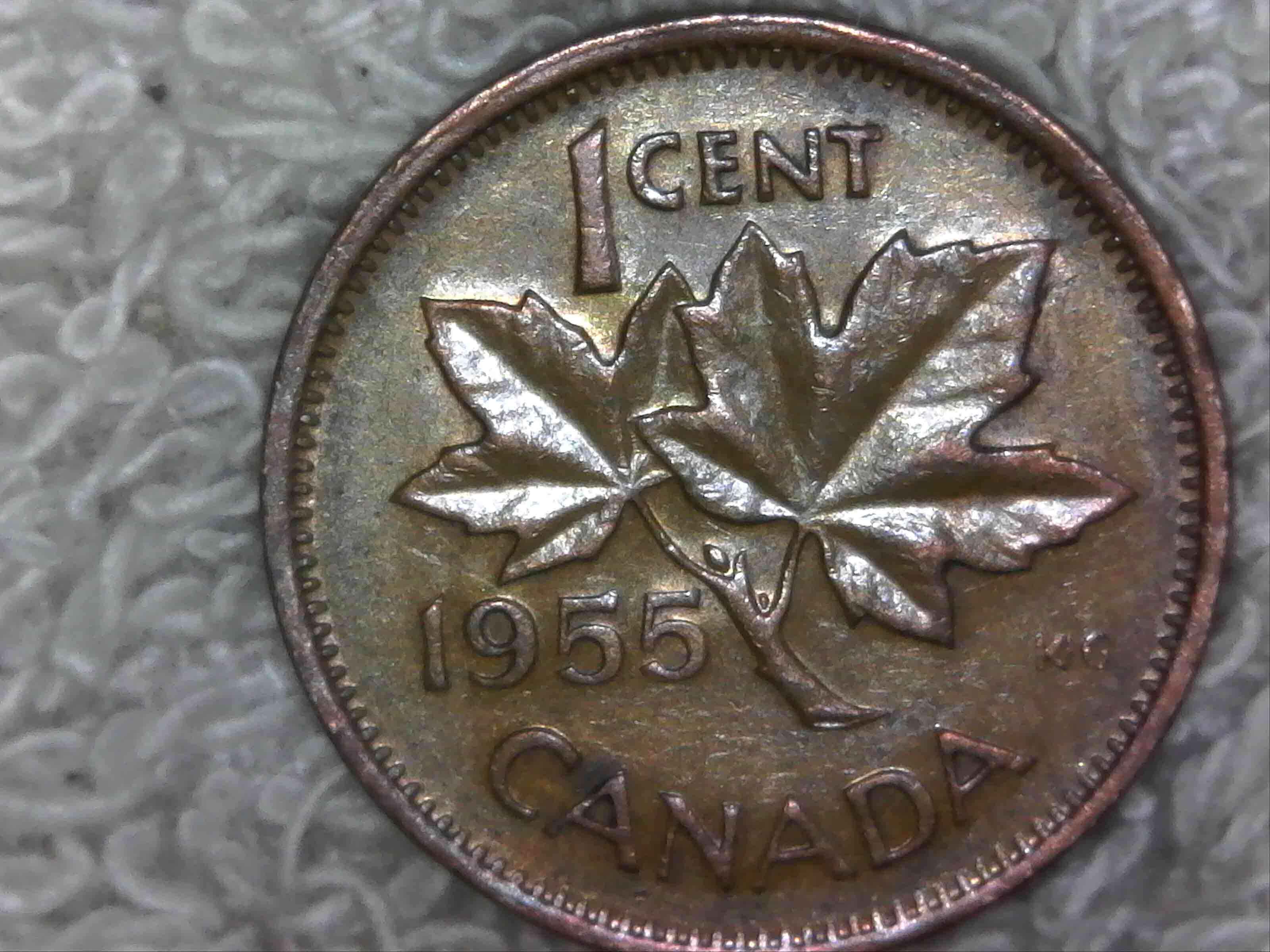 1955-Canadian-Cent,-Strapless-Or-Just-Worn?